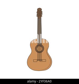 Wooden classic acoustic guitar. Line art music instrument. Colored hand drawn vector illustration. Stock Vector