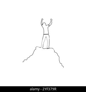 Man stands with arms outstretched on top of the mountain. Success, power, motivation concept. Hand drawn vector illustration. Stock Vector