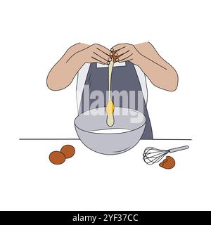 Person cooking food from flour and eggs. Woman making dough for baking in bowl. Color line art vector illustration. Stock Vector