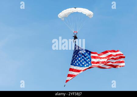 West Lafayette, Indiana, USA. 2nd Nov 2024. West Lafayette, Indiana, USA. 02nd Nov, 2024. A general view of paratrooper with the American Flag during the National Anthem prior to NCAA football game action between the Northwestern Wildcats and the Purdue Boilermakers at Ross-Ade Stadium in West Lafayette, Indiana. John Mersits/CSM (Credit Image: © John Mersits/Cal Sport Media). Credit: csm/Alamy Live News Credit: Cal Sport Media/Alamy Live News Stock Photo