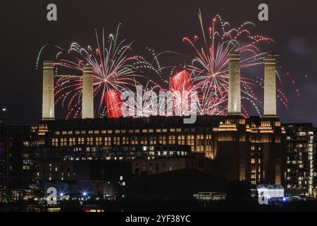 Beautiful display of fireworks over Battersea Power Station. Stock Photo