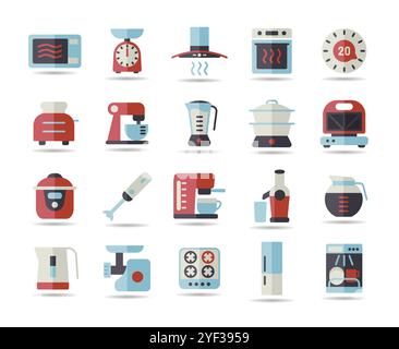 Kitchen appliances electronic electrical equipment tool vector isolated icon set. Graph symbol for cooking web site and apps design, logo, app, UI Stock Vector