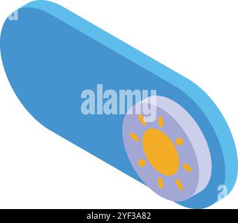 Sunbathing mode toggle button activating summertime relaxation, featuring a bright sun icon on a blue slider Stock Vector