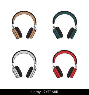 Headphones in different colors. One line art. Device, gadget for listening music. Hand drawn vector illustration. Stock Vector