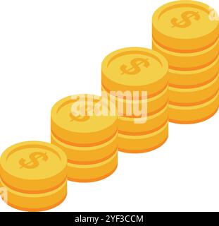 Stacks of gold coins with dollar signs are getting bigger, symbolizing increasing profits and financial growth Stock Vector