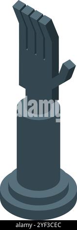 Dark gray prosthetic hand on a gray pedestal showing four fingers, isometric view Stock Vector