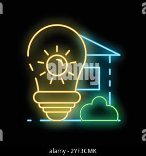 Glowing neon icon of a lightbulb with a bright sun shining for solar panel energy and a modern house Stock Vector