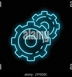 Two neon blue gears interlocking on a black background represent the concept of teamwork Stock Vector