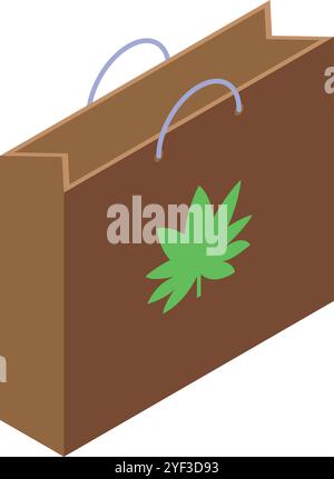 Isometric view of a brown shopping bag featuring a green leaf logo, representing eco conscious consumerism and sustainable retail practices Stock Vector