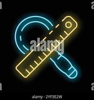 Glowing neon icon of a measuring tape and magnifying glass representing search engine optimization Stock Vector