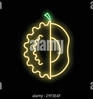 Glowing neon sign representing a durian fruit cut in half, showing its inside, on a black background Stock Vector
