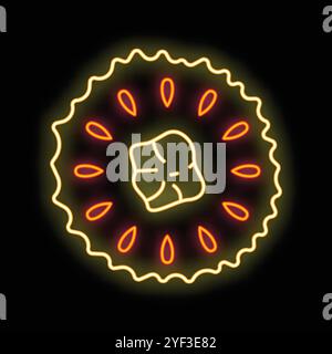Glowing neon icon of a cookie with filling and chocolate chips on black background Stock Vector