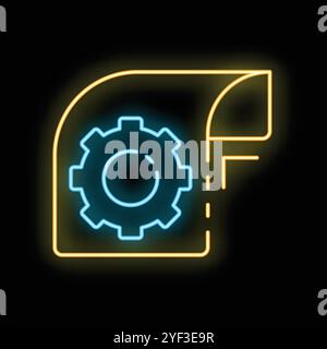 Glowing neon line icon for file document with a gear symbol, representing settings, on a black background Stock Vector