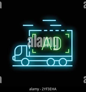 Neon glowing truck delivering advertising campaign with speed lines on black background Stock Vector