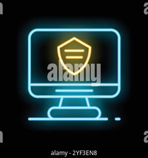 Glowing neon computer icon with a shield on the screen, representing online security and data protection Stock Vector