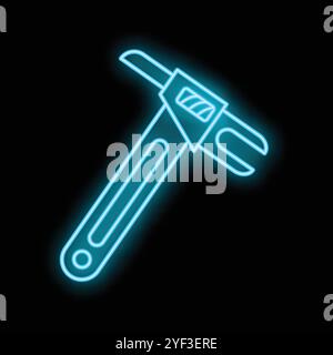 Glowing neon blue wrench tool is isolated on a black background Stock Vector