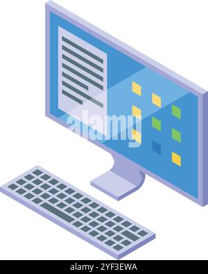 Desktop computer displaying document and colorful icons on blue screen, with keyboard ready for input, in isometric view Stock Vector