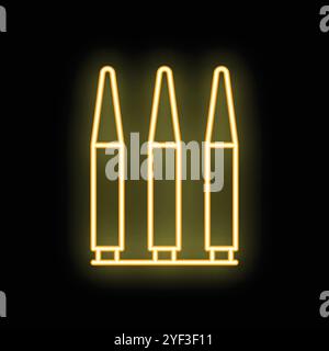 Yellow glowing neon line nuclear rocket icon isolated on black background. Rocket bomb flies Stock Vector