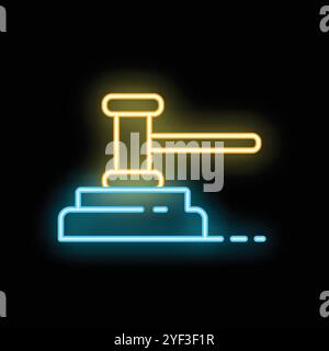 Neon glowing gavel is striking a sound block on a black background Stock Vector