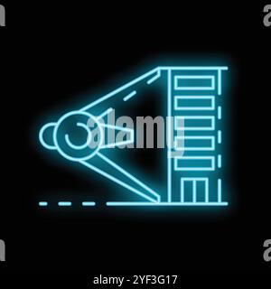 Blue neon glowing icon of an airplane taking off from the runway near a hotel Stock Vector