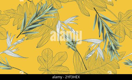 Foliage seamless pattern, bottle brush leaves and line art ink drawing leaves in green on yellow Stock Vector