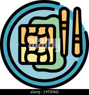 Minimalist icon depicting sushi on a plate with wasabi and chopsticks, evoking japanese culinary traditions Stock Vector
