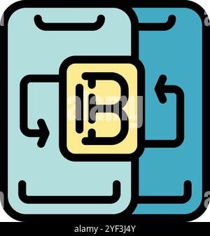 Two smartphones exchanging bitcoin cryptocurrency using wireless nfc technology Stock Vector