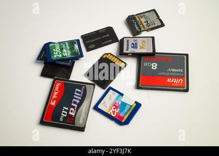 Assorted memory cards in various sizes and brands scattered on a table Stock Photo