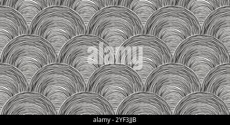 Abstract seamless pattern, fish scale shape line art ink drawing in black on light grey Stock Vector