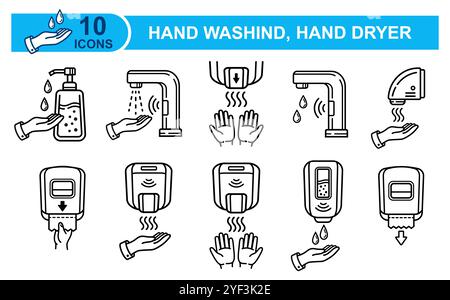 Public restroom hand dryer, wall toilet paper towel dispenser, washing liquid soap, sensor water faucet, clean sanitizer, skin hygiene drying icon set Stock Vector
