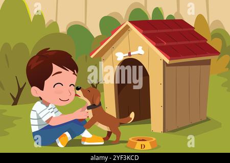 A vector illustration of Boy Playing with His Dog Stock Vector