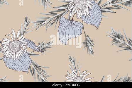 Floral seamless pattern, bottle brush leaves and sunflower in brown tones Stock Vector