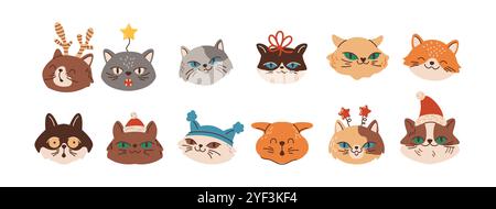 Cute Christmas cats faces flat color vector characters set Stock Vector