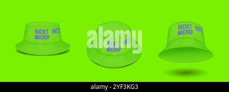 Stylish green bucket hats with design mockup illustrations Stock Vector