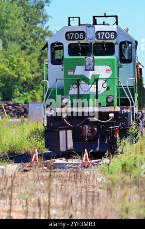 Rochelle, Illinois, USA. A Burlington Northern Santa Fe locomtive still painted in Burlingon Northern Railroad colors idles on a siding. Stock Photo