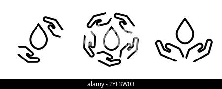 Blood donation donor hand and liquid droplet icon stroke line symbol logo of water conservation hygiene Stock Vector