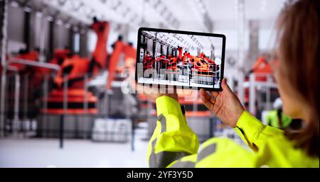 Technician Doing Industrial Inspection Using Tablet Technology Stock Photo