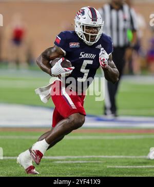 Mobile, Alabama, USA. 2nd Nov, 2024. South Alabama Jaguars running back Kentrel Bullock (5) during a college football game between the Georgia Southern Eagles and the South Alabama Jaguars at Hancock-Whitney Stadium in Mobile, Alabama. Bobby McDuffie/CSM/Alamy Live News Stock Photo