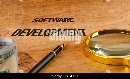 The concept of technology and development. Phrase, words, text SOFTWARE DEVELOPMENT text API written on paper, front view. Stock Photo