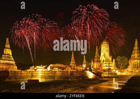 Fireworks with lighting-up of Wat Chaiwatthanaram, the ancient royal temple in Ayuthaya Historical Park, a UNESCO world heritage site in Thailand. Stock Photo