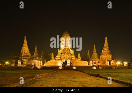 Night scene with lighting-up of Wat Chaiwatthanaram, the ancient royal temple in Ayuthaya Historical Park, a UNESCO world heritage site in Thailand. Stock Photo