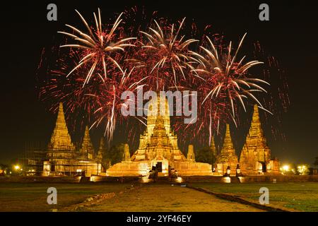 Fireworks with lighting-up of Wat Chaiwatthanaram, the ancient royal temple in Ayuthaya Historical Park, a UNESCO world heritage site in Thailand. Stock Photo