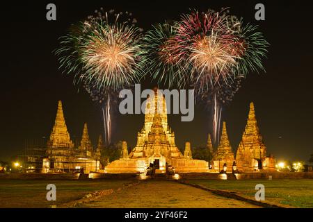 Fireworks with lighting-up of Wat Chaiwatthanaram, the ancient royal temple in Ayuthaya Historical Park, a UNESCO world heritage site in Thailand. Stock Photo