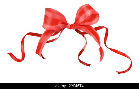 Lush bow with satin ribbons. Watercolor digital illustration. Red elegant ribbons twisted into curls, isolated on background. Red festive silk bow Stock Photo