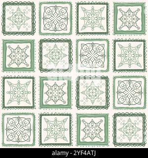 Backsplash green seamless pattern with abstract ornament. Geometric scribble endless background. Vector hand drawn flat illustration. Stock Vector