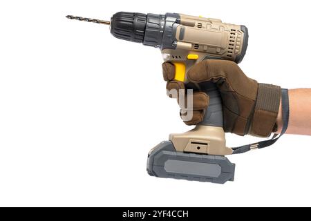 Electric drill in hand isolated on white background. Construction tool Stock Photo