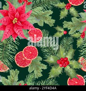 Seamless pattern with poinsettia flower, holly berries and pine branches, orange slices for Christmas. Botanical watercolor illustration. Hand drawn i Stock Photo