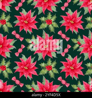 Poinsettia flower with caramel candies, holly berries and leaves. Hand drawn seamless pattern isolated from background. Watercolor, marker illustratio Stock Photo