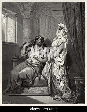 Samson and Delilah (Book of Judges Chapter 16) Old Testament. Antique bible illustration by Gustave Dore (1832–1883) Stock Photo