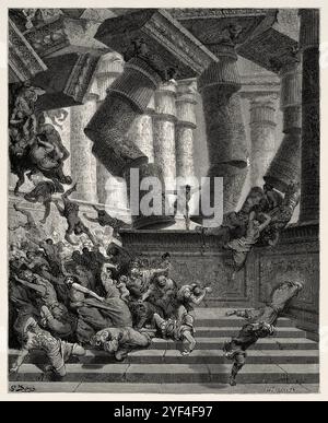 The death of Samson. Samson destroys the temple of Baal. Old Testament. Antique bible illustration by Gustave Dore (1832–1883) Stock Photo